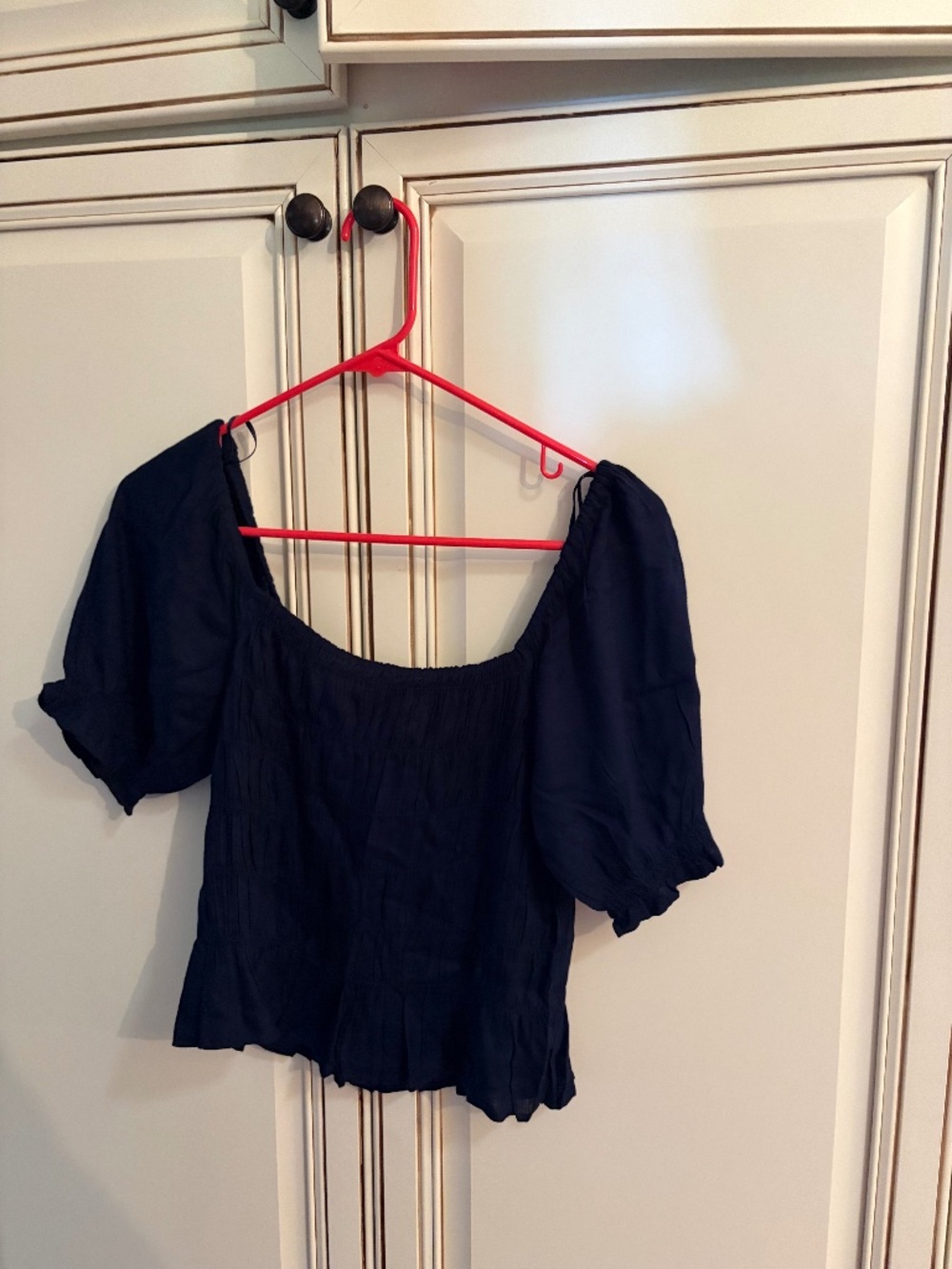Navy Smocked Off Shoulder Puff Sleeve Top